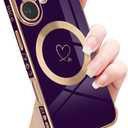 for iPhone 17 Magnetic Case, Luxury Cute Love Heart Pattern Plating Edge Case for Women Girls Soft TPU Bumper Anti-Scratch Shockproof Protective Case Cover for iPhone 17-Dark Purple