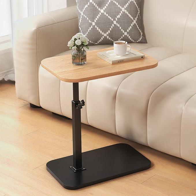 C Shaped End Table, Adjustable Height Couch Side Table, Horizontal 360°Swivel Small Couch Side Tables That Slide Under, C Shaped End Table TV Tray Table for Couch, Color 
Light Wood