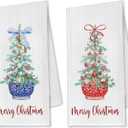 Chinoiserie Blue and White Christmas Tree Towels - Set of 2, Kitchen and Bathroom Hand Towels - Coquette Red Blue Decorations