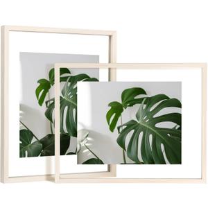 Egofine 11x14 Floating Frames Set of 2, Double Plexiglass Picture Frame, Made of Solid Wood Display Any Size Photo up to 11x14, Wall Mount or Tabletop Standing, Beige