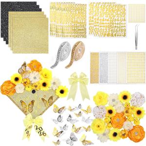 Wavwavw 68 Pcs DIY Graduation Cap Decorations Kit, Faux Flowers 3D Butterfly Bow Self Adhesive Rhinestones and Alphabet Letter Stickers for 2026 Grad Cap Topper Decor Graduation Party(Yellow)