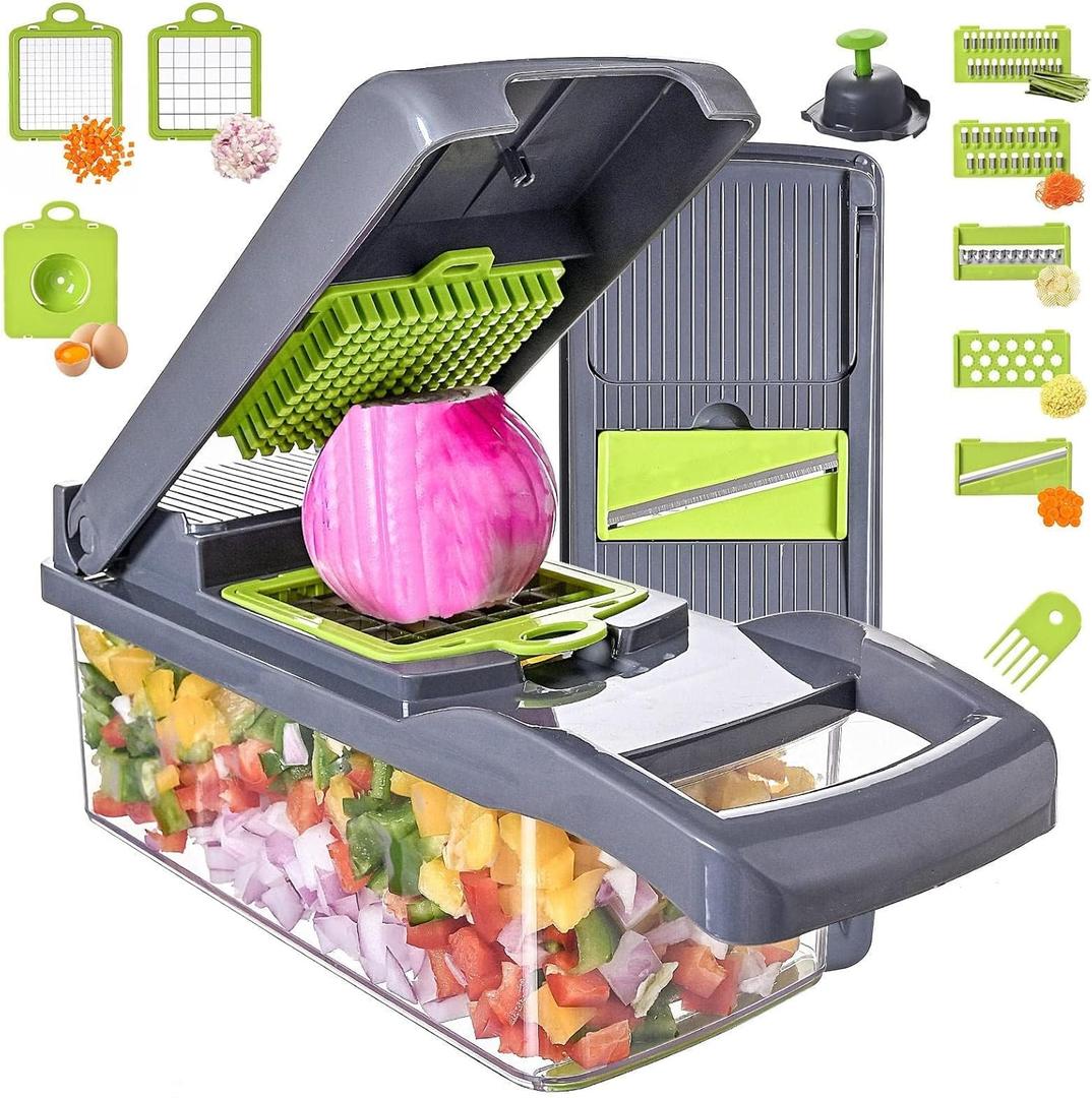 Vegetable Chopper Slicer 13-in-1 with Spice Chopper Set 7 Blades Veggie Dicer Onion Fruit Cutter (Gray)