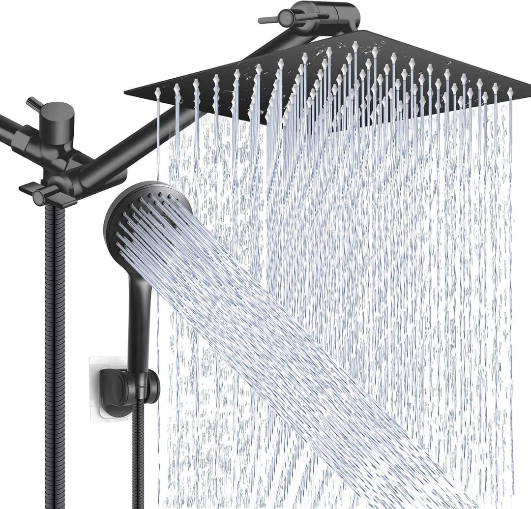 Shower Head Combo,10 Inch High Pressure Rain Shower Head with 11 Inch Adjustable Extension Arm and 5 Settings Handheld Powerful Shower Spray Against Low Pressure Water , Matte Black