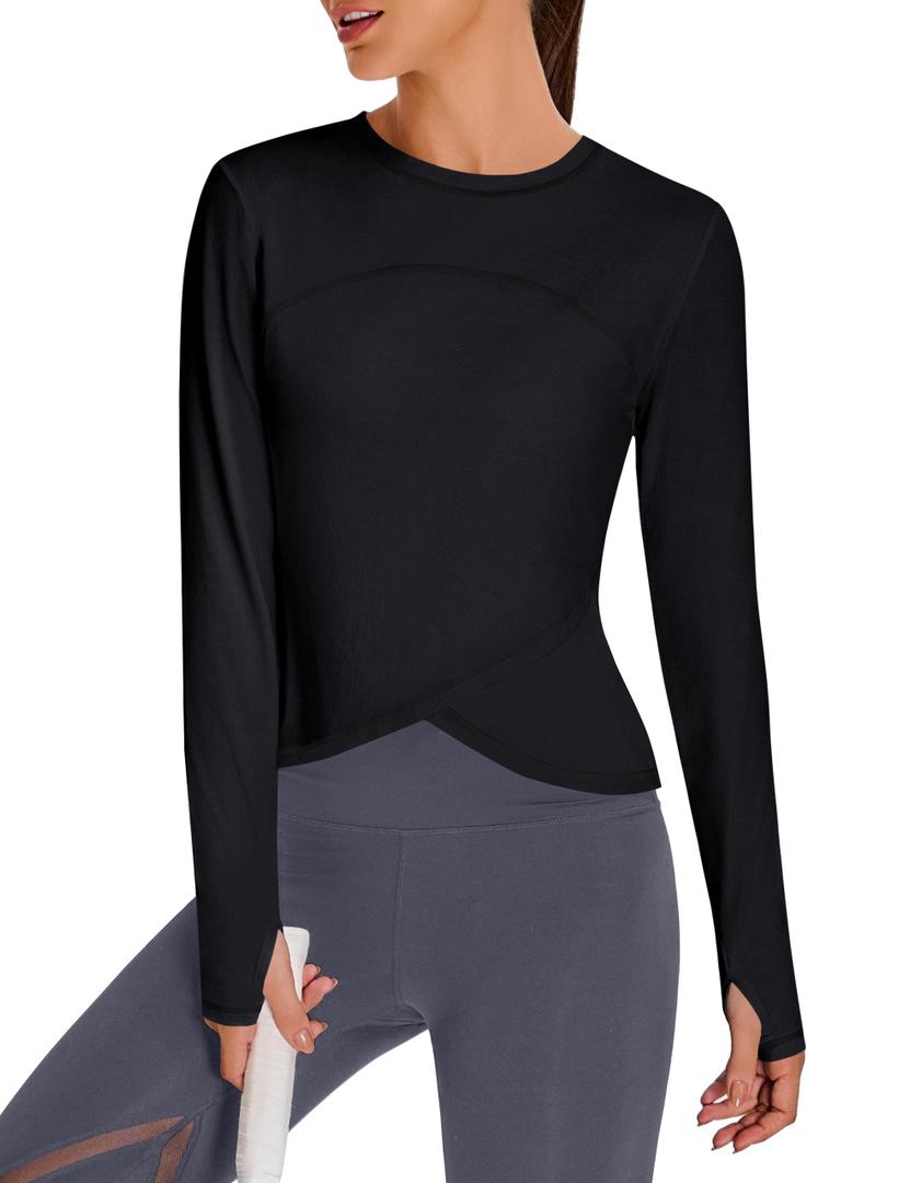 BMJL Womens Workout Tops Black Long Sleeve Shirts Fall Yoga Hiking Tshirts Cute Crop Tops Gym Thumb Hole(M,Black)