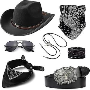 EIELO Cowboy Costume Outfit for Men Women Western Cowboy Hat Bolo Tie Buckle Belt Accessories Set for Halloween Cosplay Party (Black)
