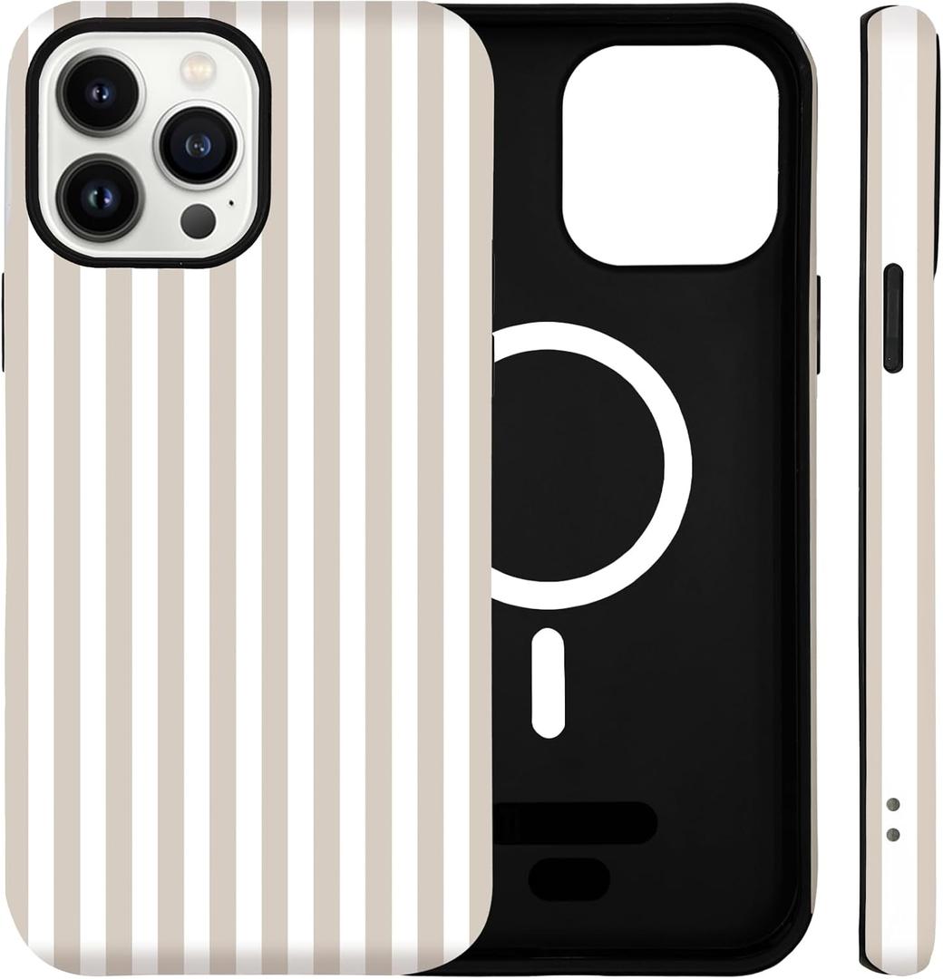 for iPhone 14 Pro Case Cute Striped Phone Case Compatible with MagSafe, Dual-Layer Shock Protection(Hard PC + Silicone) - Aesthetic Protective Phone Cover for Women Girl, Apricot