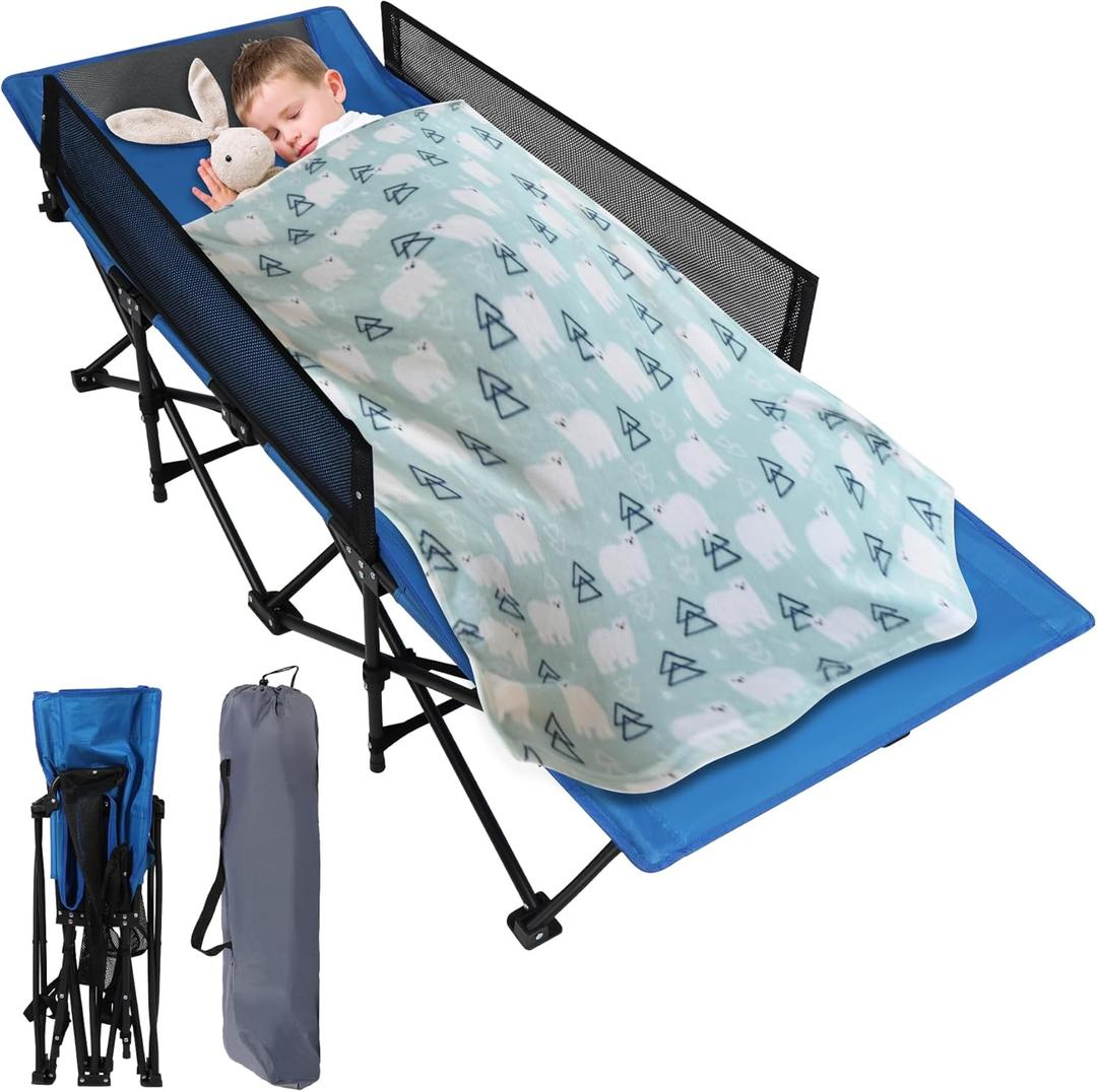 REDCAMP Kids Cot for Sleeping 2-7 Years, Portable Travel Toddler Cot Bed with Guardrail, Lightweight for Outdoor Indoor Home, Blue