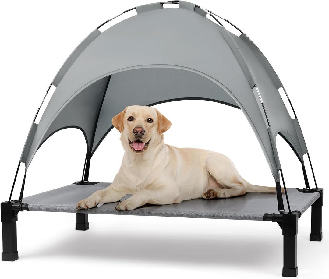 Heeyoo Elevated Dog Bed with Canopy, Outdoor Dog Bed Cot with Removable Shade Tent, Portable Raised Pet Cot Cooling Bed for Dogs and Cats, Grey, 51" x 36"