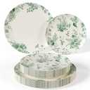 Trendables 40 Piece Plastic Disposable Plates Set For 40 Guests I 40 X 8 Inch Dessert Plates & 40 X 10 Inch Wedding Party Plates | Ivory & Green Verdure Design