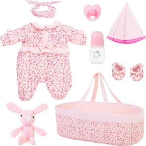 8 Pcs Baby Doll Clothes & Accessories Set with Bassinet for 17" - 22" Reborn Dolls