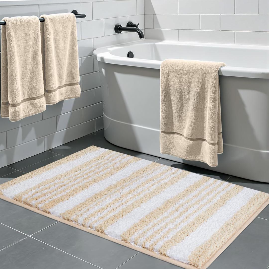 Small Bathroom Rugs Non-Slip Bath Mats Fluffy Microfiber Striped Shaggy Bath Mats for Bathroom Floor, Tub, Quick Dry, Beige, 16"x24", Machine Washable Shower Rug