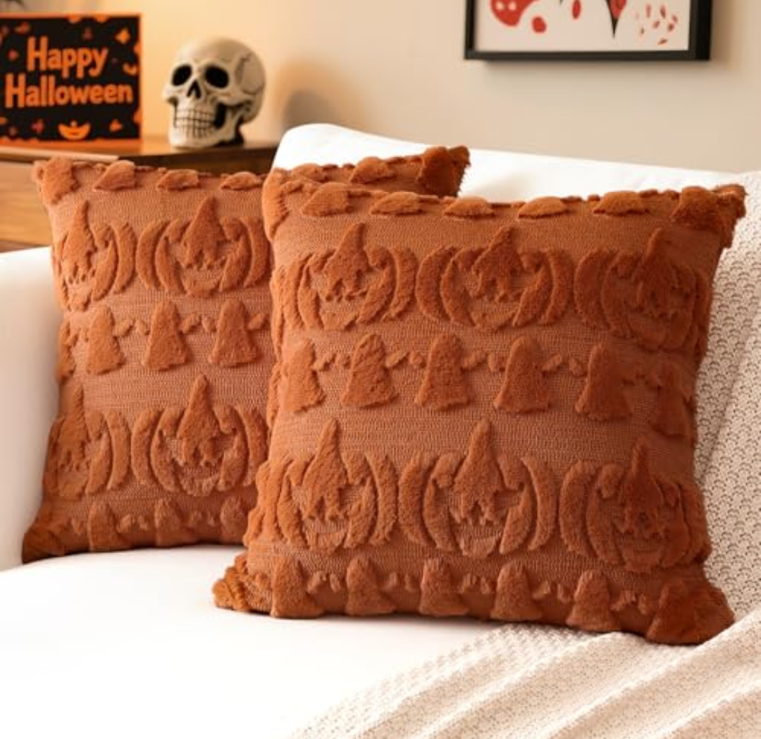 Pack Of 2 Artscope Halloween Pillow Covers 18 x 18 Set of 2 Decorative Ghost Holiday Pumpkin Throw Pillow Cases Soft Plush Faux Fur Couch Cushion Case for Farmhouse Halloween Sofa Bed Room Home Decor-Rust