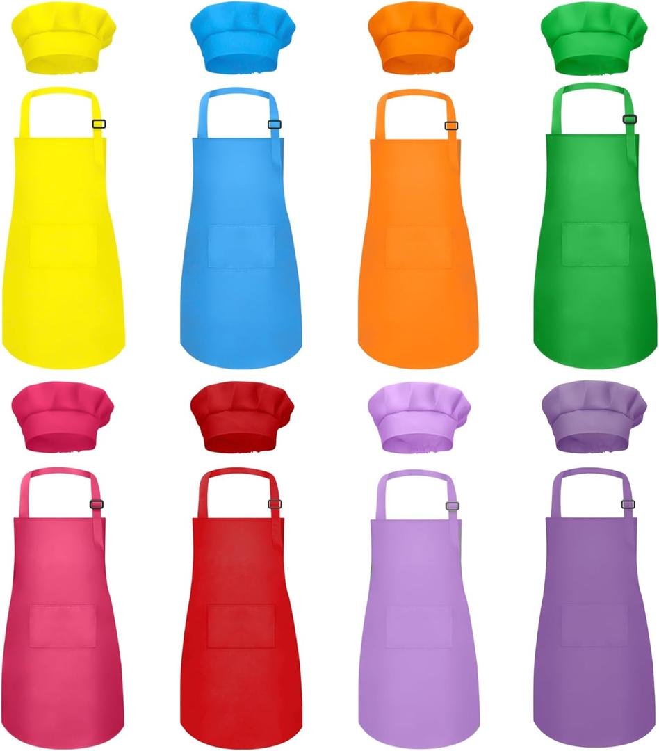Kids Apron and Chef Hat Set Bulk Childrens Bib with 2 Pockets Adjustable for Boys Girl's Cooking Baking Painting for Age 6-13 Years (8 Colors Mixed)