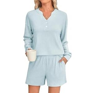 Braroz Womens Ribbed Knit 2 Piece Lounge Sets Outfits Long Sleeve Top and Shorts Pajama Sets Loungewear with Pockets Light Blue XL