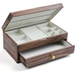 Black Walnut Wooden Jewelry Box - Allwood, Handcrafted, Classic Jewelry Box. Jewelry boxes & organizers for Women, Men, and Girls (Double-Layer)