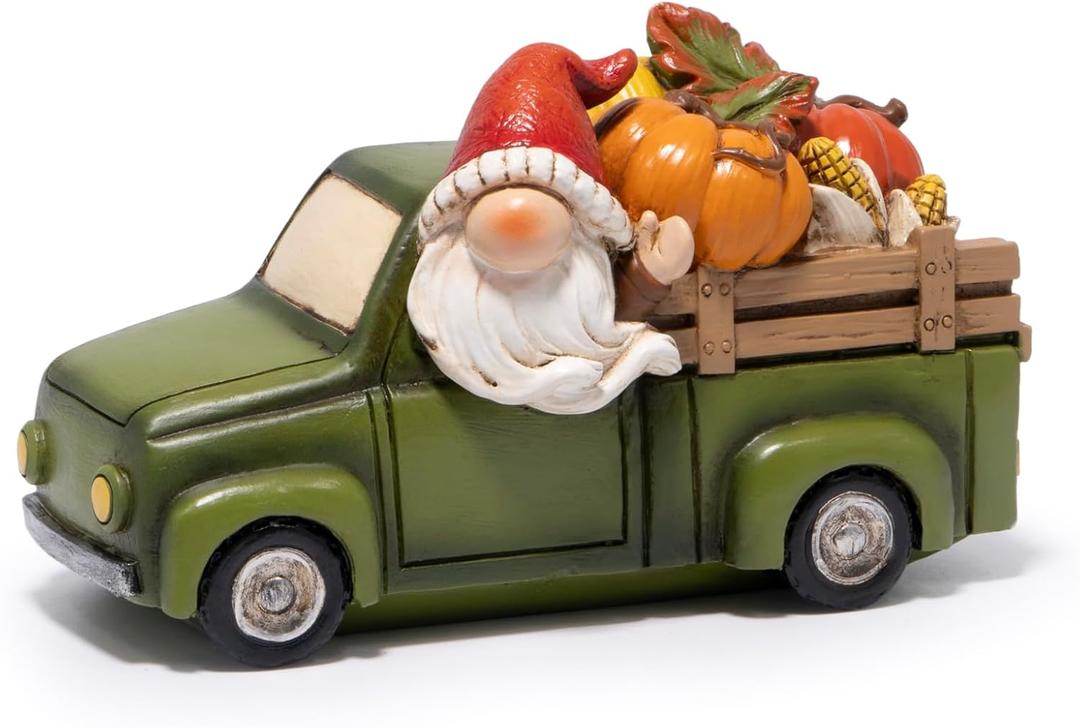 Hodao Thanksgiving Gnome Car Figurine with Pumpkins  Fall Harvest Festival Decor, Autumn Pumpkin Car Statues for Home, Kitchen, Table Centerpiece, Thanksgiving Decoration (Green)