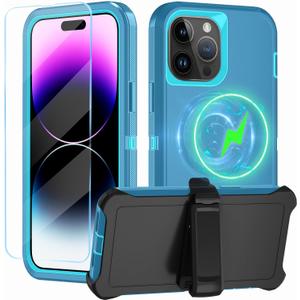 Magnetic for iPhone 14 Pro Max Case,with Belt Clip,[Compatible with Magsafe] W/Tempered Glass Screen Protector,Anti-Drop,Shockproof,Heavy Duty Protection (Lake Blue)