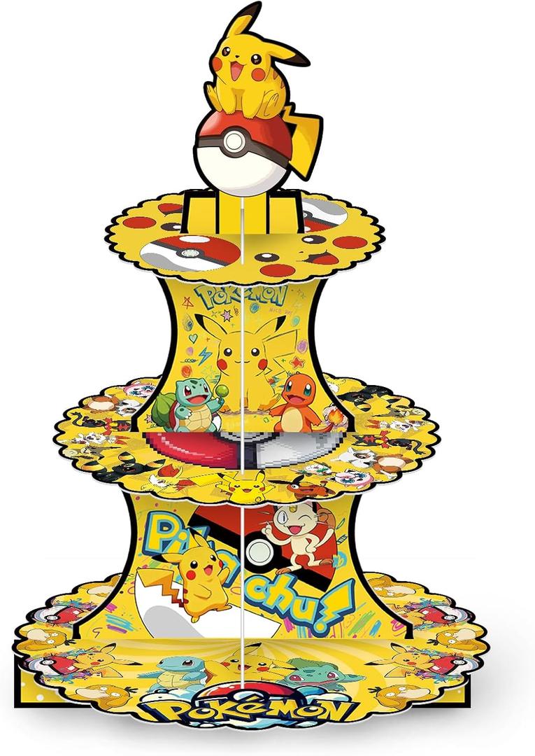 For Pokemon Themed Party Supplies and Decorations, a Three-Tiered Cupcake Stand, a Display Stand for Birthday Desserts and Cakes, which is Suitable for Cute-Style Birthday Decorations.