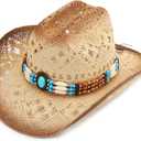 Straw Cowboy Hat, Western Cowgirl Hat, Wide Brim Sun Beach Hat for Men and Women (Brown)