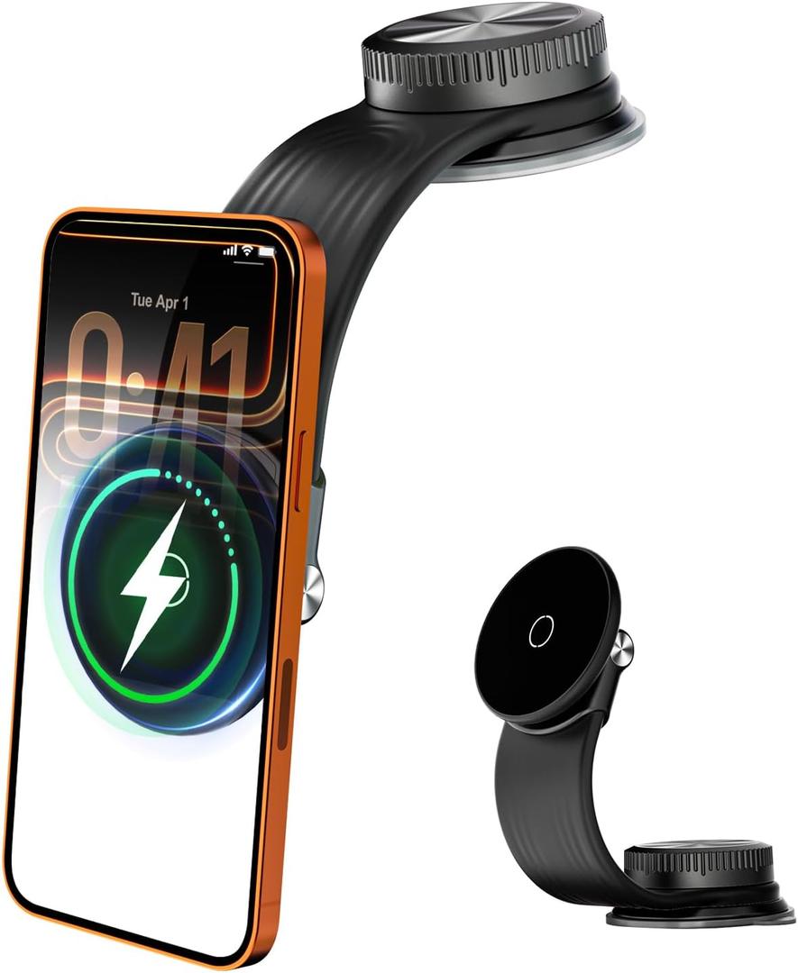 CloudValley Magnetic Car Mount with 15W Fast Charging, 360 Adjustable Bendable Aluminum Arm, Dashboard & Windshield Wireless Charger Phone Holder with Upgraded Silicone Adhesive Pad for iPhone