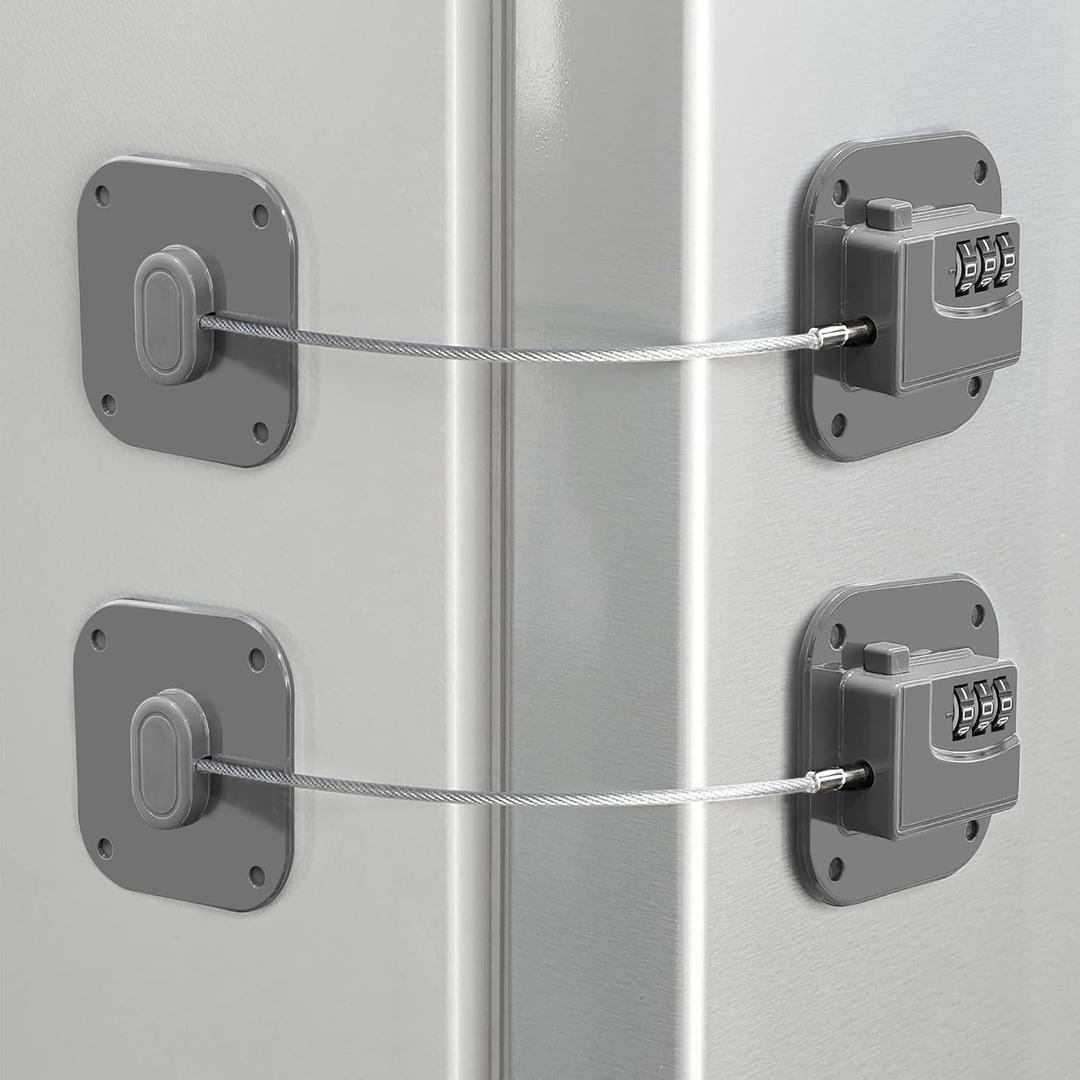 Refrigerator Lock, Heavy Duty Fridge Lock, Combination Lock for Refrigerator Cabinets, Drawers, Safety, Easy Install No Keys Needed (Grey-2Pack)