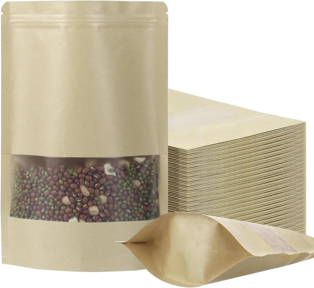 100 Pack Bags, Resealable Bags with Clear Window, Stand-up Bags for Sealing Storage, Scratch Resistant Hand Storage Bags. (Kraft Paper, 4.77.9 Inch)