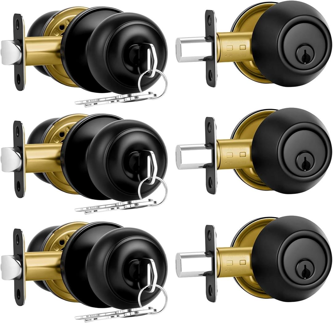 Plustool 3 Pack Front Door Lock Set Matte Black,Exterior Door Lock Set with Deadbolt,Single Cylinder Deadbolt Lock and Door Knob Set,Keyed Alike Door Knobs with Lock&Keys,Round Ball Entry Door Lockset