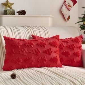 FUTEI Christmas Tree Pillow Covers 12x20 Set of 2, Red Xmas Decorations Soft Fluffy Winter Lumbar Pillow Covers for Couch Sofa Bedroom Holiday Festivals Home Decor
