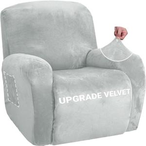 ZNSAYOTX Stretch Velvet Recliner Cover 4-Pieces, Thick Soft Recliner Chair Slipcover with Pocket, Non-Slip Elastic Bottom for Kids Pets, Luxury Plush Reclining Protector Comfy Washable (Silver Grey) (Large)