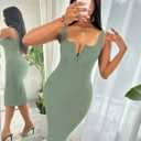 Women's Summer Dresses Button Front Ribbed Bodycon Tank Dress Square Neck Sleeveless Casual Midi Dress Green (Green, M)