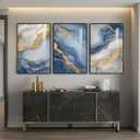 Large Framed Abstract Wall Art for Living Room, Modern Luxury 3 Piece Blue Gold White Prints Paintings for Walls, Elegant Marble Pattern Pictures for Dining Bedroom Hallway Office Home Decor 24x36 In, 24" W x 36" H x 3Pcs