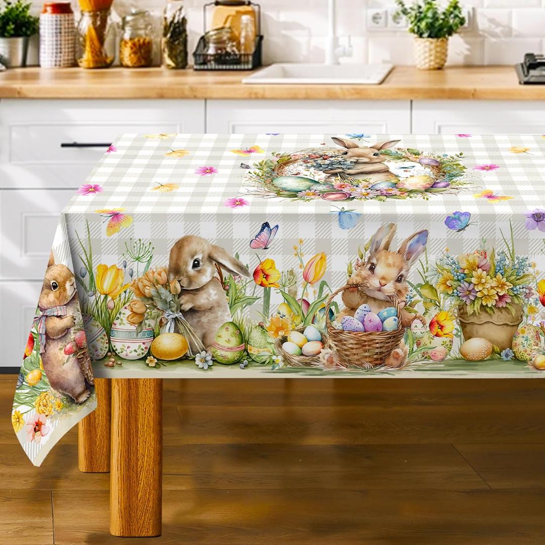 Easter Tablecloth 60 x 84 Inch Rectangle, Easter Bunny Table Cloth Buffalo Check Plaid Kitchen Table Cover for Dining Room Spring Oblong Tablecloth Indoor Decor