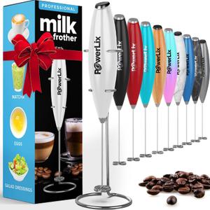 PowerLix Powerful Handheld Milk Frother With Stand Battery Operated Foam Maker Frother Wand For Coffee (A Black) (Snow White)