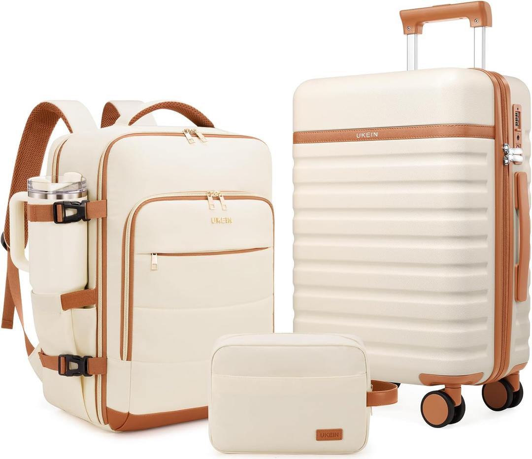 UKEIN Luggage Sets 3 Piece, Carry On Luggage 20In With Spinner Wheels,PC Hardside Suitcase Set with TSA Lock,Durable Carry On Suitcase With Travel Backpack for Men (Cream, 3 piece set (BP/20inch))