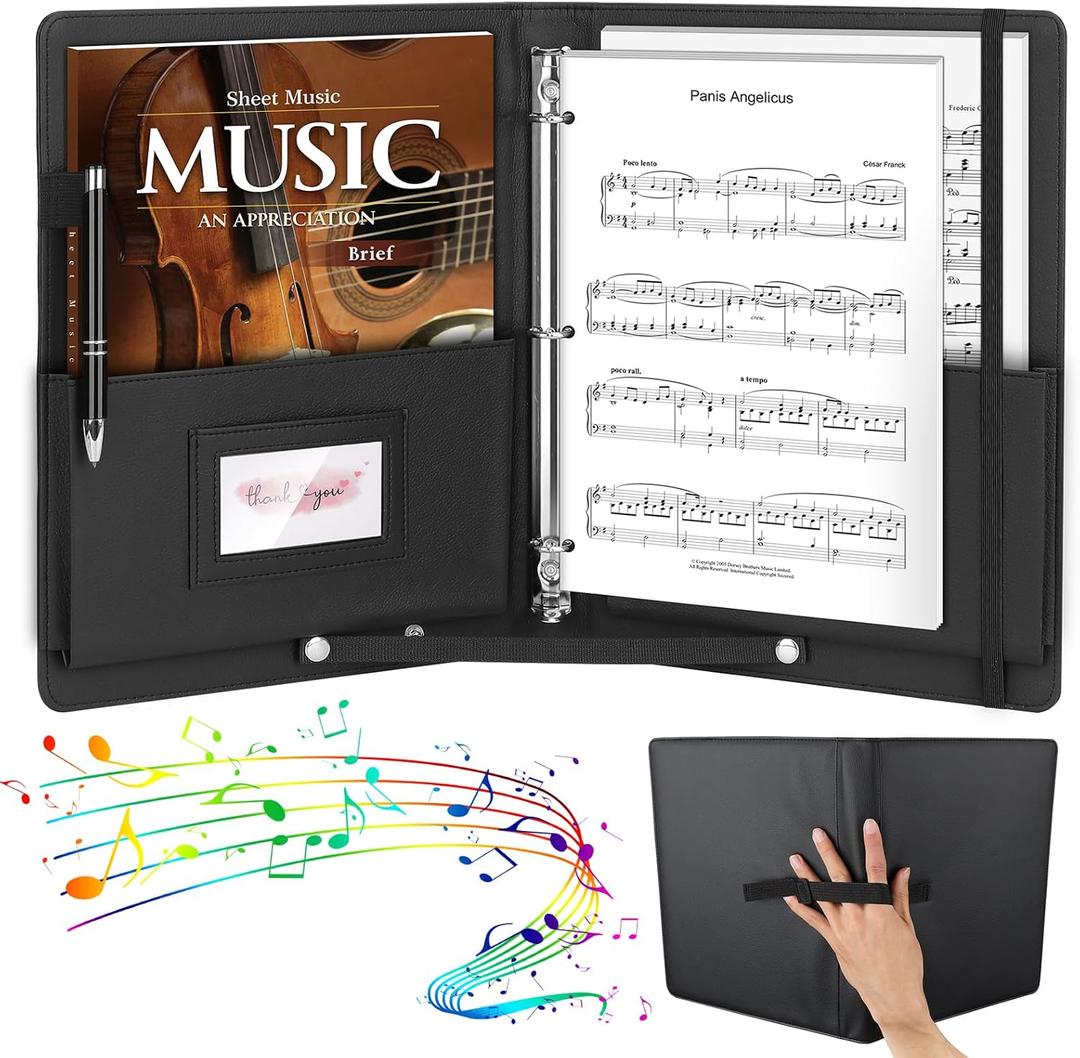 YOTINO Sheet Music Folder, 3 Ring Choral Music Folder,13"x10.2" PU Leather Music Binder Black with Elastic Band and Handle Fits Letter Size 8.5 x 11 inch