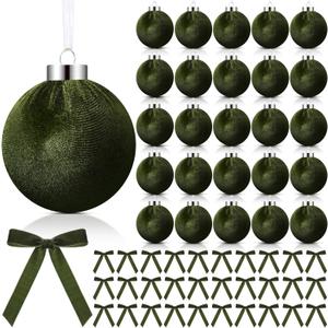 Wettarn 30 Sets 3.15 Inch Velvet Christmas Ornaments Balls Sets for Christmas Tree, Includes Velvet Balls & Bows for Xmas Tree Wreath Garland Vintage Holiday Hanging Decor (Green)