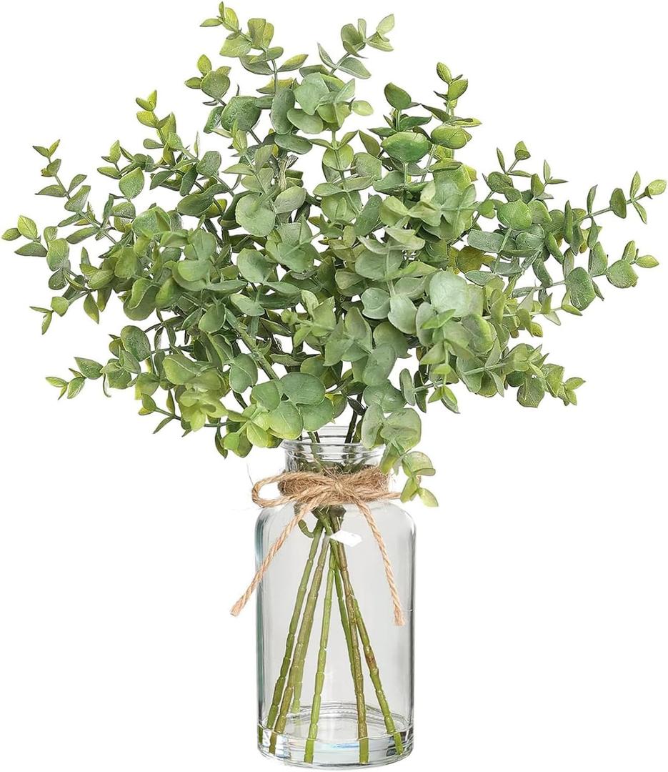 Artificial Eucalyptus in Glass Vase with Fake Water, 14" Realistic Faux Greenery Centerpiece for Table, Kitchen, Bathroom, Home Office Decor
