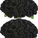 50 PCS Fake Black Roses, Artificial Flowers Bulk Halloween Decorations Realistic Silk Faux Black Roses with Stems for Gothic Wedding Party Decor, Bridal Bouquets DIY Floral Arrangement Home Decor