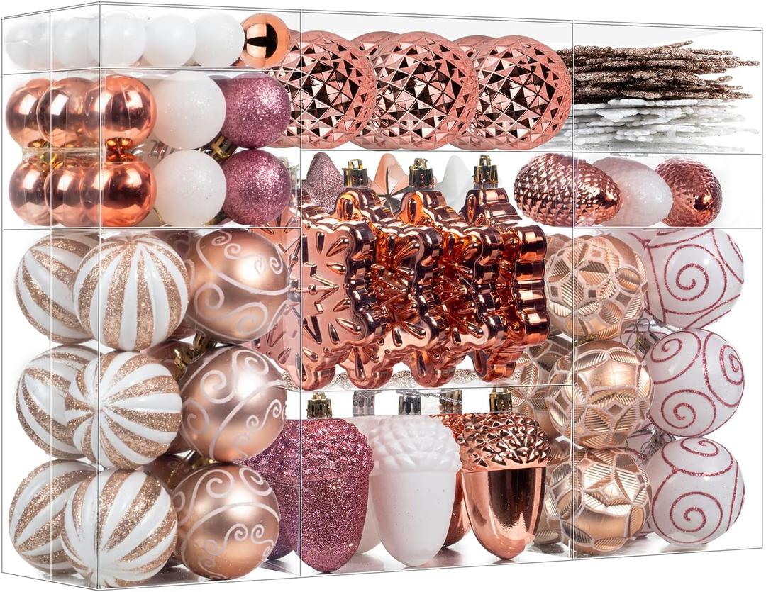 110 Pcs Rose Gold & White Christmas Ornaments Set, Assorted Christmas Balls Decor for Xmas Tree, Shatterproof Plastic Baubles Hanging Decorations for Holiday/Party/Wedding