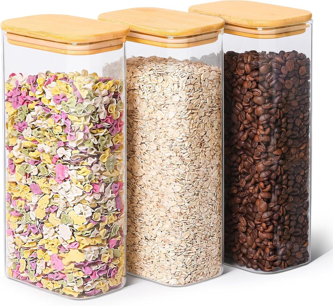 ComSaf 63oz Rectangle Glass Storage Containers with Lids, Glass Jars with Bamboo Lids, Clear Food Jar, Square Canister Set of 3, Pantry Organizers and Storage for Flour Pasta Coffee Bean