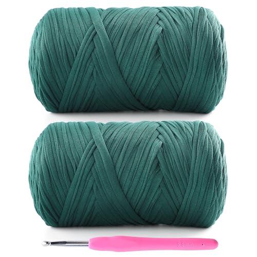 Lpalats 2 Pack T-Shirt Yarn for Crochet - 800 g/260 yds Elastic Fabric T-Shirt Yarn with 1 Crochet Hook (Dark Green)