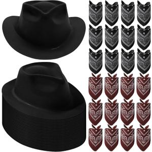 Hillban 48 Pack Cowboy Hat and Bandana Set, Cowgirl Hats for Boys Girls Felt Cowboy Party Hat Western Bandanas for Party (Black, Brown)