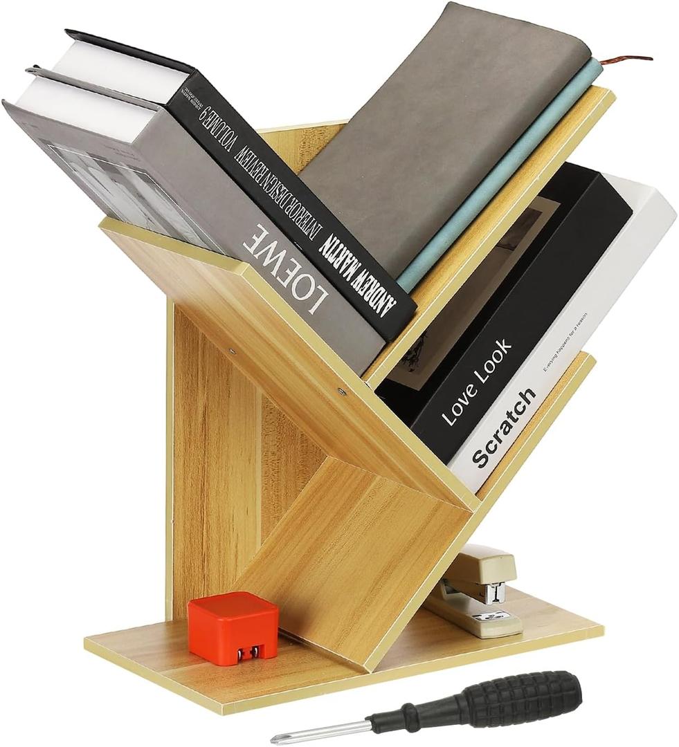 YOKIVE 3 Tier Small Tree Bookshelf, Mini Short Desktop Bookshelf Wooden Bookcase Book Organizer for Desk Home Office Living Room Bedroom, Light Walnut