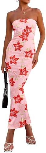 PRETTYGARDEN Women's 2026 Summer Floral Bodycon Maxi Dresses Ribbed Strapless Tube Casual Boho Party Long Dress M