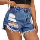 MapleHub Plus Size Denim Shorts Women High Waisted Ripped Folded Hem Jean Shorts (Blue)