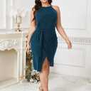 SCOMCHIC Women Plus Size Casual Sleeveless Striped Tank Midi Dress Halter Neck Bodycon Tie Waist T Shirt Summer Dresses (X-Large Plus, Solid Lake Blue)