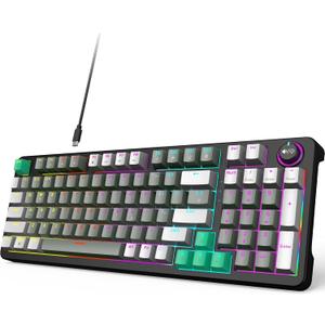 GEEZER Mechanical Gaming Keyboard with LED Backlit, Blue Switch, Volume Knob, 96 Keys Full Size Compact USB Wired Computer Keyboards for Office Windows Laptop PC & Mac Gamer - Grey & Black