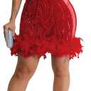 WOKANSE Birthday Dresses for Women Sexy Halter Sleeveless Sequin Mesh See Through Feather Cocktail Party Dress Clubwear (Small, Red)