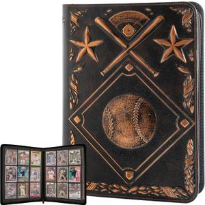 Baseball Card Binder - Stunning 3D Raised & Hand Colorwashed PU Leather Binder - 9 Pocket Album w Zipper - 360 Side Loading Sleeves Book for Baseball Trading Cards - Works with Topps, Bowman, Panini..