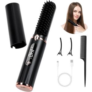 Cordless Hair Straightener Brush, Portable Hot Comb Hair Straightener Negative Ion Hair Straighteners Comb for Women 5 Temperature Beard Straightener Brush USB Rechargeable Anti-Scald Auto-Off (Black)
